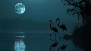 A tranquil evening setting with flamingos shining in the moonlight casting their shapes onto the serene waters below