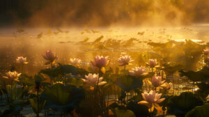 A tranquil lotus pond painted with the warm hues of sunrise as mist hovers above the water and golden light illuminates the blooms is captured in LotusPondatSunrise.jpg