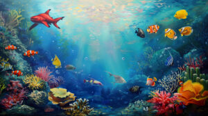 A tranquil marine wallpaper featuring tropical fish gracefully moving around colorful coral reefs displaying the vibrant hues and richness of sea creatures