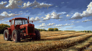 A tranquil moment captured an antique red tractor resting in a vast field flanked by neat rows of crops disappearing into the distance against the horizon