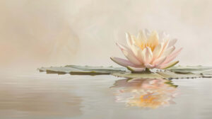 A tranquil pond hosts a serene lotus flower in full bloom gracefully floating on its surface