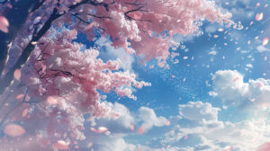 A tranquil scene captured cherry blossoms in full bloom sprinkling soft blue skies with petals mirroring a dreamy snowfall