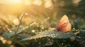 A tranquil scene captures a delicate pink butterfly perched on a leaf adorned with dew bathed in the soft light of the morning sun