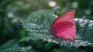A tranquil scene capturing a pink butterfly perched on a leaf glistening with dew bathed in the soft light of the morning sun