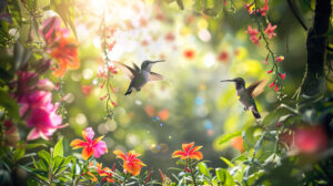A tranquil scene of a hummingbird garden, with the tiny birds flitting between vibrant flowers and lush foliage, their wings a blur of motion as they hover in the dappled sunlight