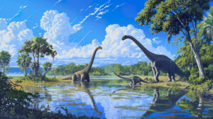 A tranquil scene of long necked brachiosauruses peacefully grazing near a serene lake encircled by rich foliage and a vivid blue sky