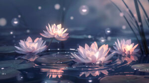 A tranquil scene of lotus flowers illuminated by the moonlight basking in the serene ripples of a placid lake captured in a wallpaper titled Lotus Serenity