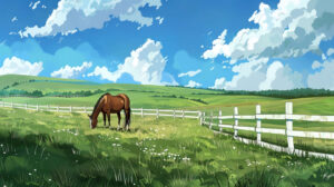 A tranquil scene with a horse peacefully grazing in a lush pasture against a backdrop of white fence rolling hills and blue skies. File named peaceful horse wallpaper.jpg