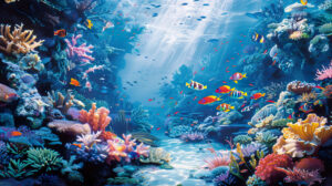 A tranquil underwater view featuring tropical fish gliding through coral reefs highlighting the vivid hues and variety of marine life in full display on a wallpaper