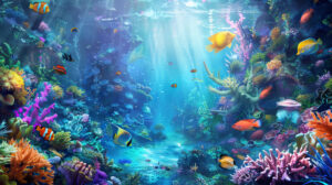 A tranquil underwater vista featuring vibrant tropical fish gliding through colorful coral reefs displaying the rich diversity of marine life