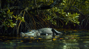 A tranquil wallpaper captures a crocodile at rest beneath a shady mangrove tree partly immersed in the cool dark waters of a tropical wetland
