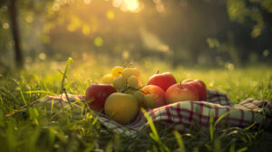 A tranquil wallpaper capturing an arrangement of fruits on a picnic blanket in a verdant field bathed in soft focus and warm lighting