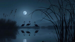 A tranquil wallpaper capturing flamingos in a nighttime setting bathed in moonlight and casting serene reflections on the still waters