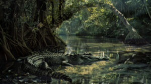 A tranquil wallpaper featuring a crocodile lounging under a mangrove tree partly immersed in the refreshing shadowy waters of a tropical wetland