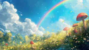 A tranquil wallpaper featuring a landscape of mushrooms under a rainbow with fluffy clouds and a bright sunny sky enhancing the joyful vibe