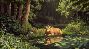 A tranquil wallpaper featuring a strawberry cow at rest by a glistening pond enveloped by vibrant greenery and blooming flowers