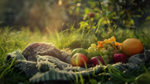 A tranquil wallpaper featuring a variety of fruits nicely placed on a picnic blanket in a verdant field captured with a gentle blur and inviting lighting.jpg