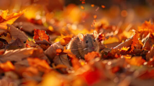 A tranquil wallpaper of a rat peeking from a mound of fall leaves drenched in cozy earthy hues and gentle lighting