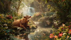 A tranquil wallpaper showing a strawberry cow relaxing next to a shimmering pond encircled by vibrant greenery and blooming flowers