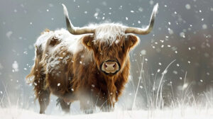 A tranquil winter wallpaper capturing a Highland cow peacefully standing in a snowy field its fur and horns elegantly adorned with snowflakes
