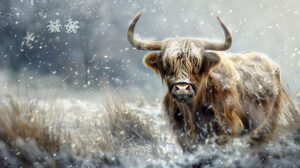 A tranquil winter wallpaper features a Highland cow in a snowy field its plush coat and lengthy horns adorned with snowflakes