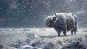 A tranquil winter wallpaper featuring a Highland cow in a snowy field adorned with fluffy fur and snow dusted horns