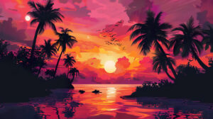 A tropical island at sunset vibrant with silhouetted palm trees against a sky ablaze in hues of orange pink and purple perfect for a wallpaper