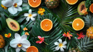 A tropical themed wallpaper featuring fruits scattered among palm leaves and flowers, evoking a sense of summer and vacation