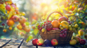 A vibrant and colorful display of assorted fruits in a woven basket on a rustic wooden table with a bright sunny garden in the background makes for an engaging wallpaper