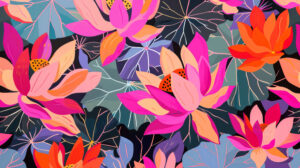 A vibrant and contemporary wallpaper featuring a bold and dynamic abstract design of lotus flowers and leaves in lively colors and shapes
