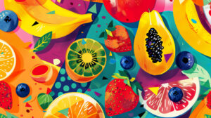 A vibrant and dynamic wallpaper design with a variety of fruits showcased in a lively and fresh artistic pattern of bright colors and geometric shapes