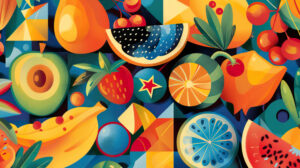 A vibrant and lively wallpaper design showcasing a mix of fruits in bright colors and geometric shapes to create an artistic pattern