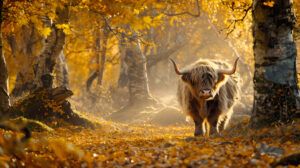 A vibrant autumn scene with a Highland cow standing among fallen leaves and golden trees, its fur blending beautifully with the seasonal colors