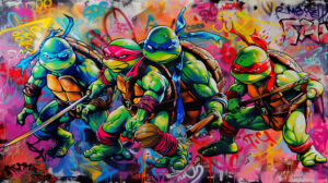 A vibrant, colorful design featuring the Ninja Turtles in various action poses, with a graffiti style background
