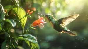 A vibrant image of a hummingbird in mid flight, its iridescent feathers shimmering in the sunlight as it hovers near a flower