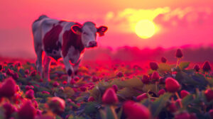 A vibrant image of a strawberry cow walking through a strawberry patch, with the sun setting in the distance