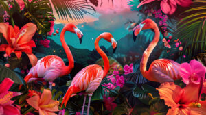 A vibrant tropical paradise wallpaper featuring a colorful collage of flamingos and tropical flowers brings lively charm to any space