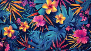 A vibrant tropical themed wallpaper showcasing abstract patterns of lush leaves and flowers creating a tropical paradise ambiance