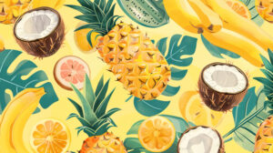 A vibrant wallpaper featuring a cheerful arrangement of tropical fruits such as pineapples coconuts and bananas against a sunny backdrop