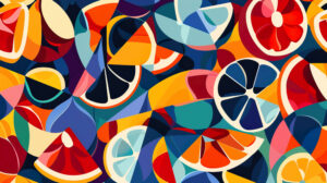 A vibrant wallpaper featuring a kaleidoscope of assorted fruits sliced and intertwined in an abstract design forming a colorful mosaic effect