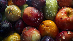 A vibrant wallpaper featuring a variety of fruits each with its unique texture and color enhanced by glistening water droplets