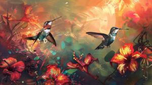 A vibrant wallpaper featuring hummingbirds and tropical flowers captured with bold colors and fluid brushstrokes to depict a lively scene