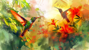 A vibrant wallpaper featuring hummingbirds tropical flowers bold colors and fluid brushstrokes evoking a lively scene