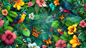A vibrant wallpaper featuring playful tropical birds butterflies and a lively array of colorful flowers and plants evoking a cheerful and energetic ambiance