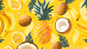 A vibrant wallpaper showcasing a playful arrangement of tropical fruits such as pineapples coconuts and bananas against a sunny backdrop
