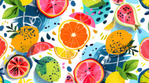 A vibrant wallpaper showcasing a variety of fruits in an artistic pattern with lively colors and geometric shapes