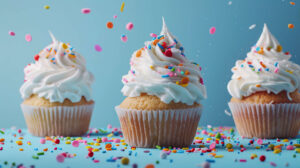 A vibrant wallpaper showcasing cheerful cupcakes adorned with colorful sprinkles set against a light blue background evoking a fun and festive atmosphere