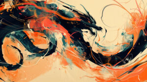 A vibrant wallpaper showcasing dragon inspired shapes and flames in an abstract design with striking colors and energetic lines that evoke a sense of motion