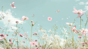 A vibrant wallpaper showcasing pink butterflies and flowers amidst a soft blue sky inspiring a feeling of springtime delight