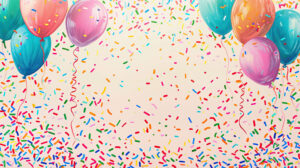 A vibrant wallpaper with a festive theme showcasing colorful balloons and confetti made of sprinkles ideal for commemorating special events